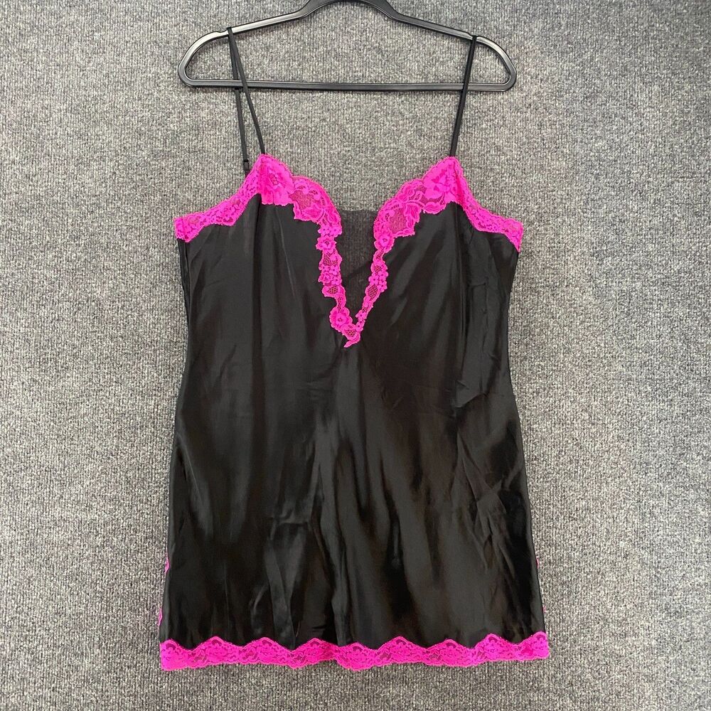 Victorias Secret Nightgown‎ Slip Dress Large Black Satin Pink Lace Cami Babydoll